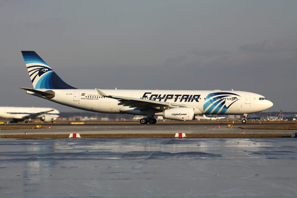EgyptAir Airbus A330-200 with registration SU-GCE on take off roll on runway 18 of Frankfurt Airport.